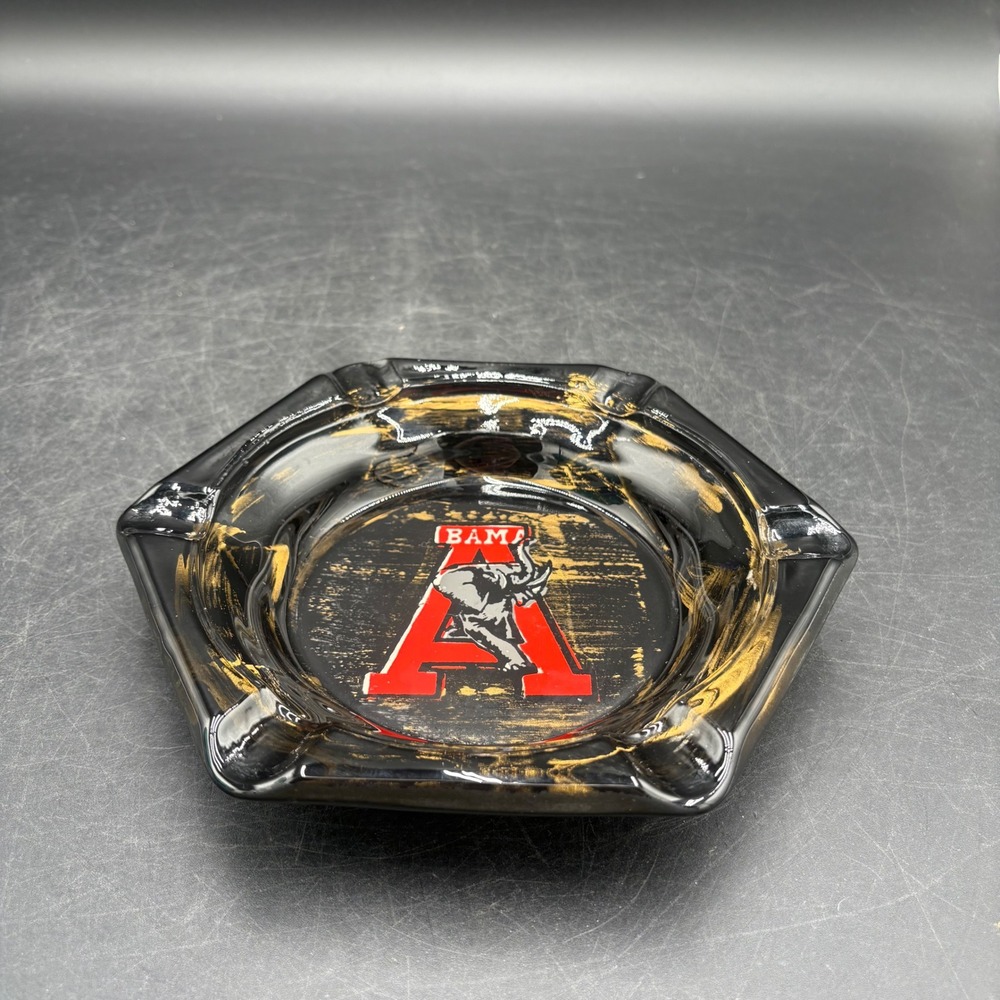 Vintage Alabama Crimson Tide Ashtray Black Gold Hexagon Big Al Bama Logo 6.5"